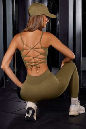 Oh Polly Full Focus Open Back Plunge Neck Sports Bra Sports Bras Olive | NXZU-36420