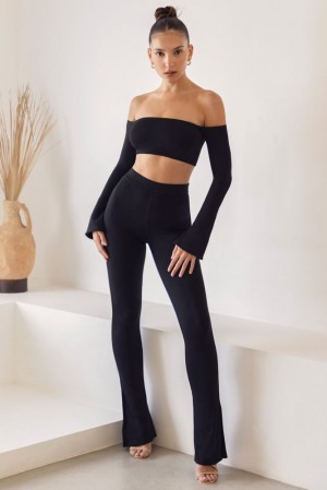 Oh Polly Gaia High Waist Split Flare Leggings Women's Trousers Black | GZID-97138