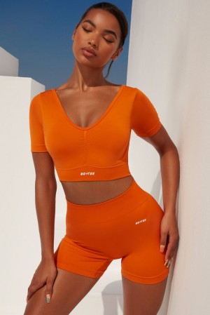 Oh Polly Gradient Scoop Neck Ruched Crop Top Bo+Tee Tops Deep Orange | EYKQ-73402