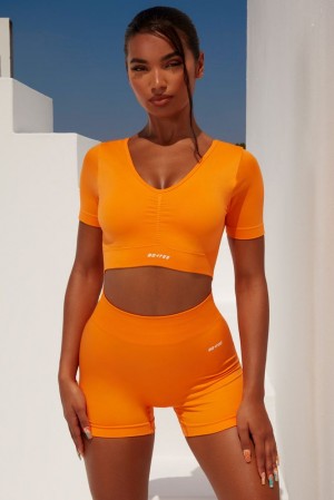 Oh Polly Gradient Scoop Neck Ruched Crop Top Bo+Tee Tops Orange | JWXC-76812