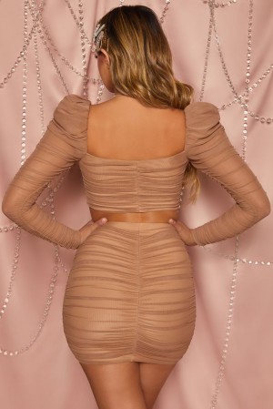 Oh Polly Heaven Sent Ruched Mesh Bodycon Mini Skirt Skirts Tan | XFNP-29170