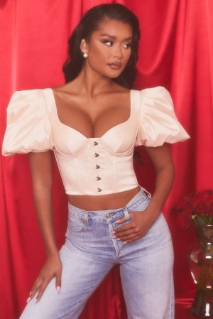 Oh Polly Heavenly Short Puff Sleeve Corset Crop Top Womens Tops Oyster White | HCOA-64370