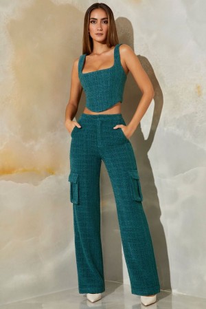 Oh Polly Hendrix Petite Tweed Straight Leg Cargo Trousers Women's Trousers Teal | DVUI-62084