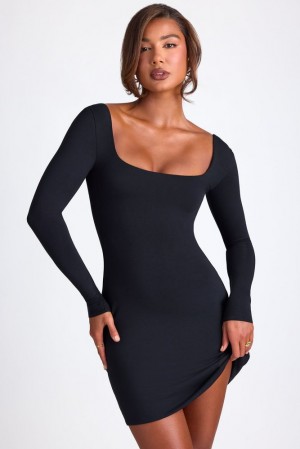 Oh Polly Hope Modal Square Neck Long Sleeve Mini Dress Mini Dress Black | OZCQ-46821