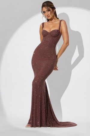 Oh Polly Idalia Embellished Corset Fishtail Evening Gown Other Dress Espresso | CAGR-30962