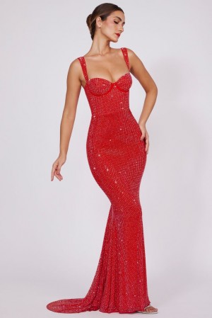 Oh Polly Idalia Embellished Corset Fishtail Evening Gown Other Dress Fire Red | ZJSE-20485