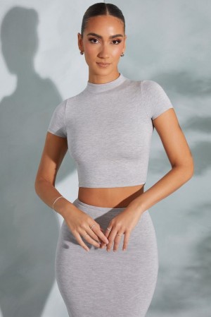 Oh Polly Irie Contrast Stitch Turtleneck Crop Top Womens Tops Marled Grey | QBUH-28507