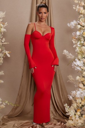 Oh Polly Isolde Long Sleeve Off The Shoulder Maxi Dress Maxi Dress Red | NXBC-23580