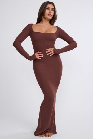 Oh Polly Jude Ribbed Modal Long Sleeve Maxi Dress Maxi Dress Chocolate | IKAC-17098