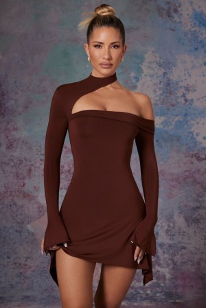 Oh Polly Katya Asymmetric High Neck Mini Dress Mini Dress Brown | SRJU-65720