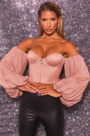 Oh Polly Keep On Shining Bardot Puff Sleeve Crop Top Womens Tops Rose Gold | TBOS-74163