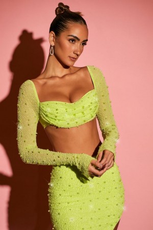 Oh Polly La Desirade Embellished Cowl Neck Crop Top Womens Tops Lime | FCQV-54209