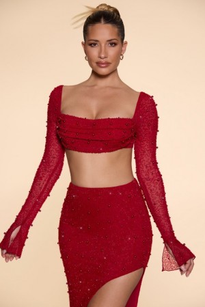 Oh Polly La Desirade Embellished Cowl Neck Crop Top Womens Tops Red | MSVG-28975