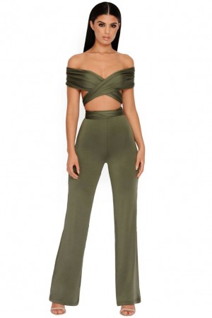 Oh Polly Late Night Ruche High Waisted Trousers Women's Trousers Khaki | PMJZ-82654