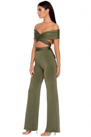 Oh Polly Late Night Ruche Off Shoulder Wrap Top Bo+Tee Tops Khaki | AEQD-64238