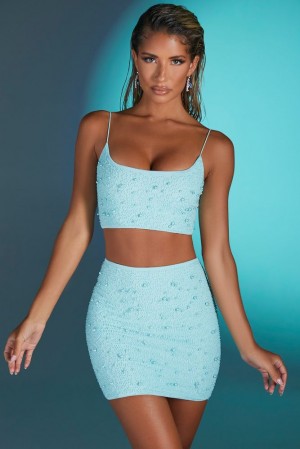 Oh Polly Lille Embellished Mesh Mini Skirt Skirts Aqua | PHQW-07436