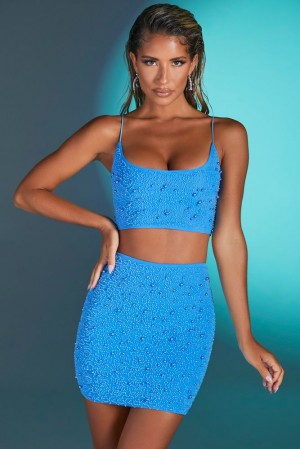 Oh Polly Lille Embellished Mesh Mini Skirt Skirts Blue | BEMI-30261