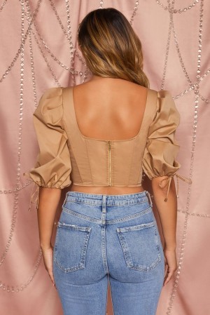 Oh Polly Little Too Lace Puff Sleeve Corset Crop Top Bo+Tee Tops Tan | WBTJ-58703