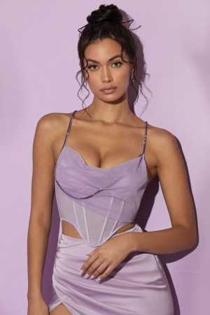 Oh Polly Lolite Cowl Neck Corset Crop Top Bo+Tee Tops Lilac | OTKG-43587