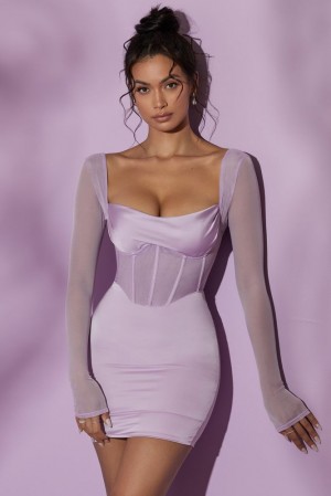 Oh Polly Lorient Long Sleeve Mesh Corset Mini Dress Mini Dress Lilac | SWHB-25134