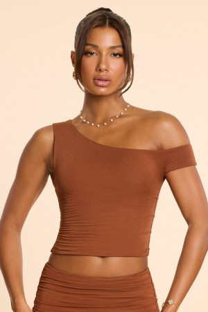 Oh Polly Lula Asymmetric Neck Ruched Modal Cashmere Blend Top Womens Tops Chestnut Brown | BAWL-04758