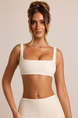 Oh Polly Lyon Embellished Square Neck Bralette Womens Tops White | MGLT-49071