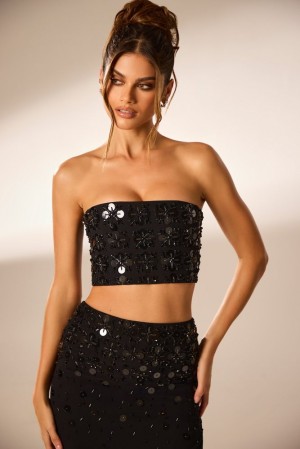 Oh Polly Maia Hand Embellished Bandeau Corset Crop Top Womens Tops Black | STUC-46927