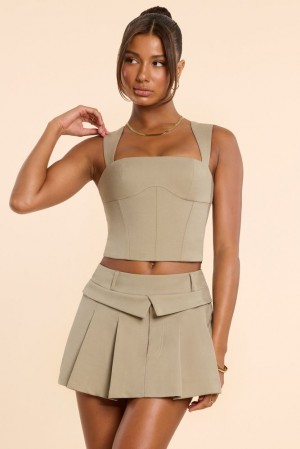 Oh Polly Maize Brushed Twill Mid Rise Pleated Micro Mini Skirt Skirts Taupe | YEJW-32490