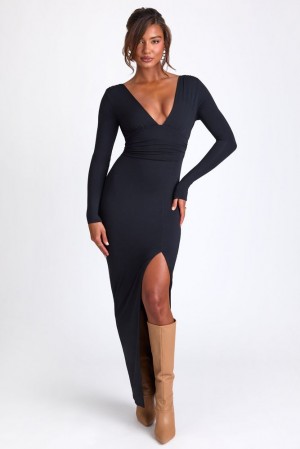 Oh Polly Marcela Modal Plunge Neck Long Sleeve Maxi Dress Maxi Dress Black | KCAO-37816