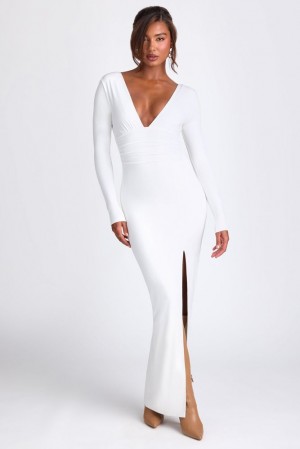 Oh Polly Marcela Modal Plunge Neck Long Sleeve Maxi Dress Maxi Dress White | IJAG-72095