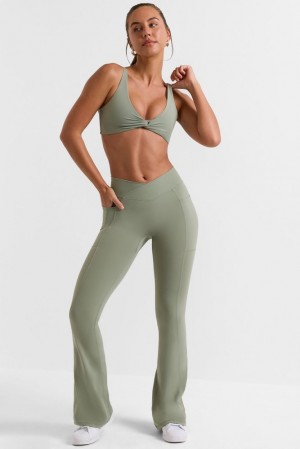 Oh Polly Match Cross Waistband Flare Pocket Leggings Leggings Bamboo Green | FVGB-51274