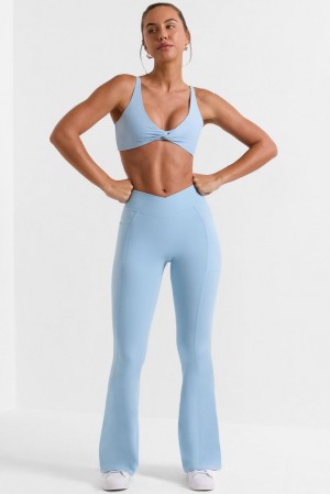 Oh Polly Match Cross Waistband Flare Pocket Leggings Gym Leggings Ice Blue | MZHK-71289