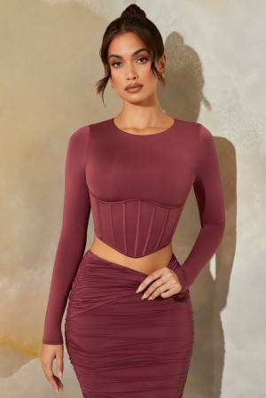 Oh Polly Meera Long Sleeve Corset Crop Top Bo+Tee Tops Dark Mauve | XIYF-53286