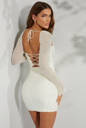 Oh Polly Milan Long Sleeve Embellished Corset Mini Dress Mini Dress Ivory | BJCZ-07158