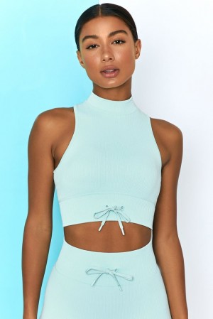 Oh Polly Miles Ahead Ribbed High Neck Crop Top Bo+Tee Tops Light Blue | TBYF-08971