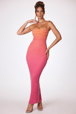 Oh Polly Monte Carlo Embellished Maxi Dress Maxi Dress Red and Orange Ombré | UZOJ-63478