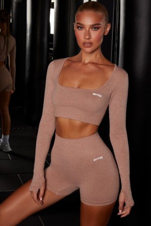 Oh Polly Motion Seamless Long Sleeve Crop Top Bo+Tee Tops Brown | ZNOF-06872