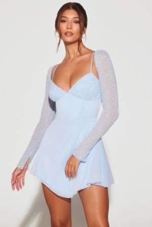 Oh Polly Naples Embellished Long Sleeve Angled Hem Mini Dress Mini Dress Blue | BXGV-51428