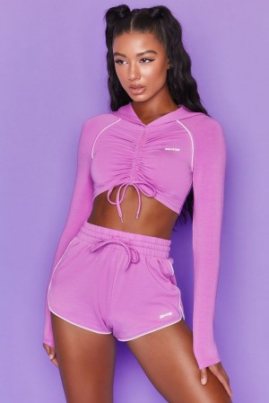 Oh Polly New Goals Cropped Ruched Hoodie Sweatshirts Purple | QFOJ-14962