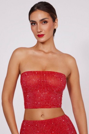 Oh Polly Nicia Embellished Strapless Crop Top Womens Tops Fire Red | MPWZ-71693