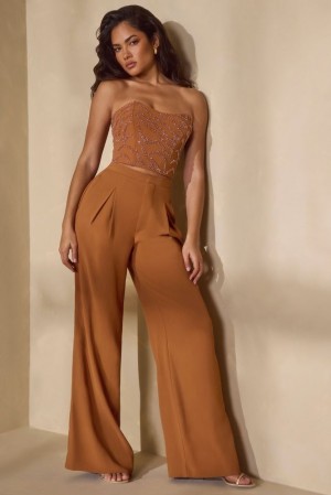 Oh Polly Nou Tall High Waist Wide Leg Trouser Women's Trousers Caramel | UNDX-06834