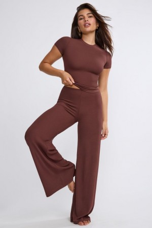 Oh Polly Nour Mid Rise Wide Leg Trouser Women's Trousers Chocolate | BONG-38619