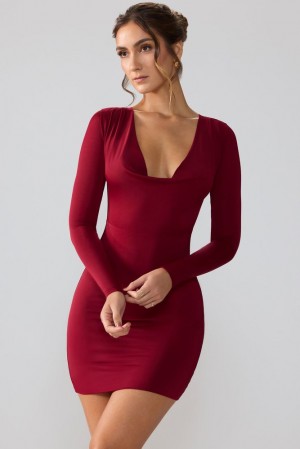 Oh Polly Oakley Slinky Jersey Long Sleeve Plunge Neck Mini Dress Mini Dress Ruby | MNBP-06543