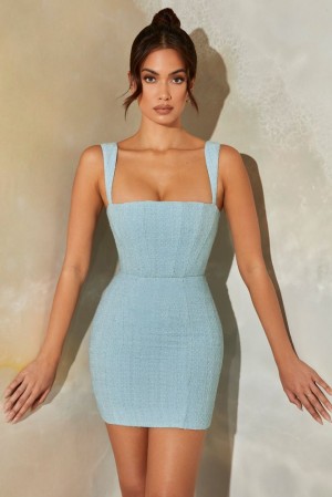 Oh Polly Odeya Tweed Square Neck Corset Mini Dress Mini Dress Light Blue | RUCX-76314