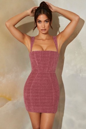 Oh Polly Odeya Tweed Square Neck Corset Mini Dress Mini Dress Rose | KNWO-32514