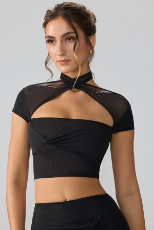 Oh Polly Opal Mesh Cap Sleeve Cut Out Crop Top Womens Tops Black | AUTM-62731