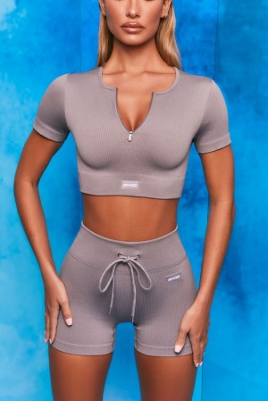 Oh Polly Perform Ribbed Short Sleeve Zip Front Crop Top Bo+Tee Tops Dark Grey | FAYL-18306