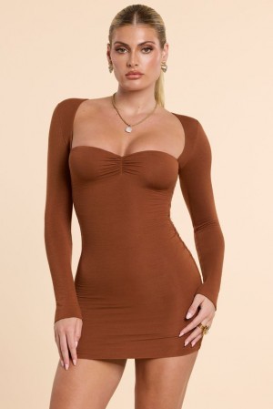 Oh Polly Perrie Long Sleeve Ruched Modal Cashmere Blend Mini Dress Mini Dress Chestnut Brown | VHQG-90246