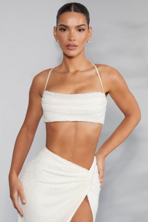 Oh Polly Pisa Embellished Cross Back Crop Top Womens Tops Ivory | HJAV-90423