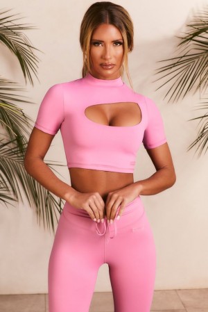 Oh Polly Power Up Slinky Cut Out High Neck Crop Top Bo+Tee Tops Pink | ZBXP-74593